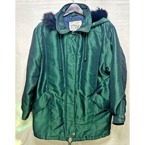 VTG London Club Women's Parka M Green Satin Faux Fur Hood 80s 90s Winter Coat
